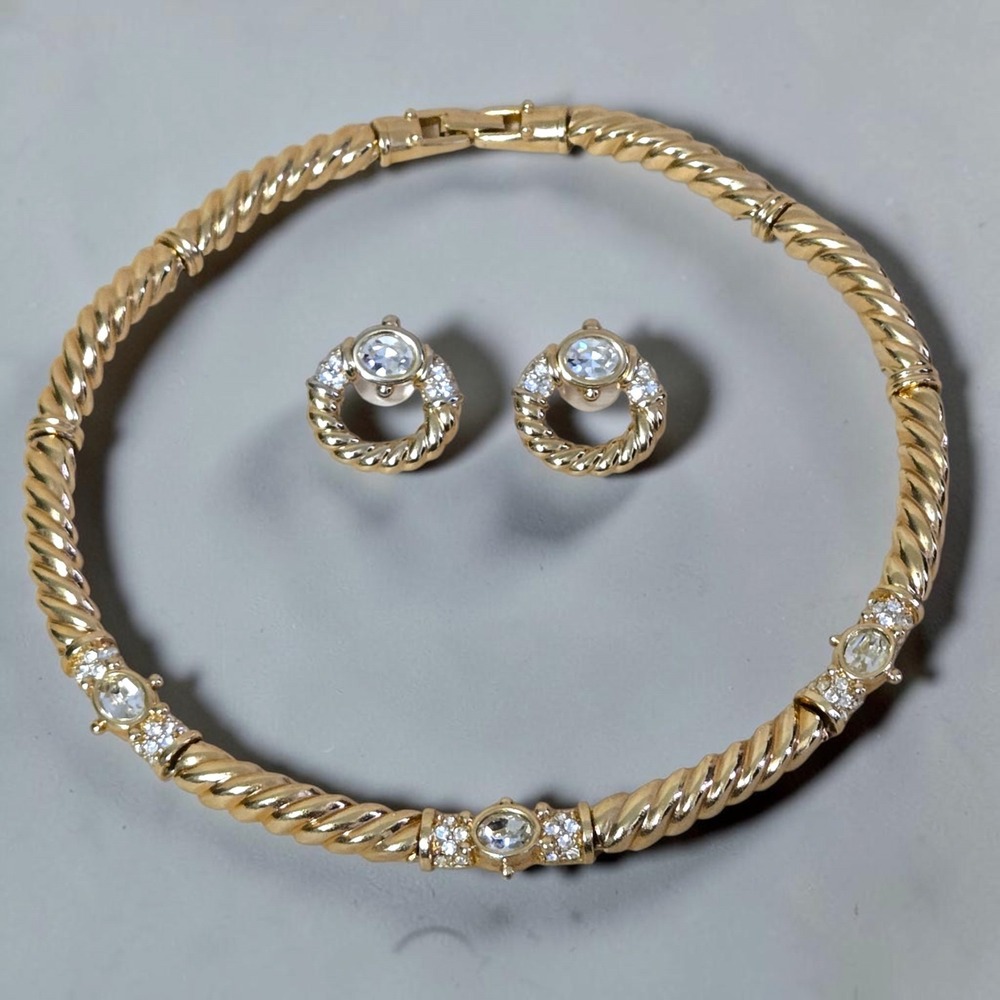 Vtg Swarovski Swan Logo Crystals Rope Design Necklace Earrings Set Runway 90's